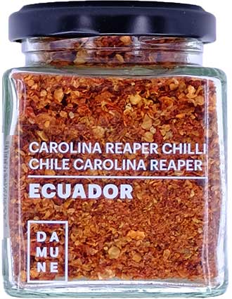 Chili-Flocken der Welt: Red Jalapeño, Chipotle, Ancho, Habanero Red Savina, Habanero Scoprion Trinidad und Carolina Reaper