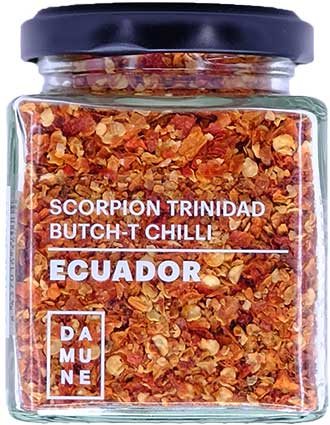 Chili-Flocken der Welt: Red Jalapeño, Chipotle, Ancho, Habanero Red Savina, Habanero Scoprion Trinidad und Carolina Reaper