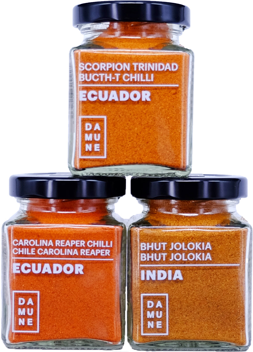 Xilis Més Picants del Món Mòlts: Carolina Reaper, Bhut Jolokia & Scorpion Trinitat Butch T