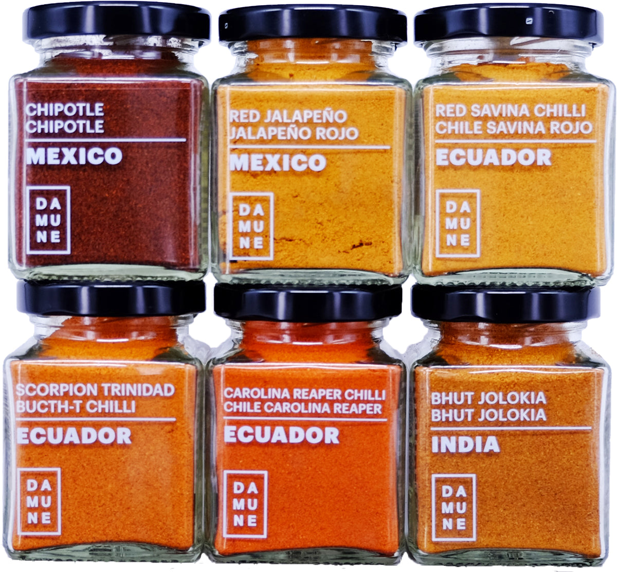 Xilis del Món Mòlts: Carolina Reaper, Bhut Jolokia, Scorpion Trinitat Butch T, Savina Vermell, Chipotle, Ancho & Jalapeño Vermell