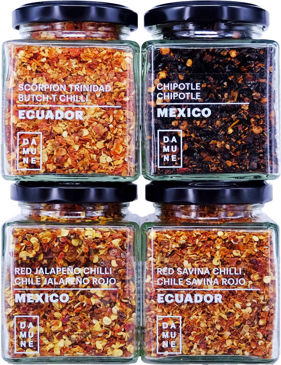 Chili-Flocken der Welt: Red Jalapeño, Chipotle, Ancho, Habanero Red Savina, Habanero Scoprion Trinidad und Carolina Reaper