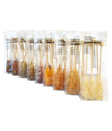 Azúcar Candy en Sticks: Cristal (2), Cardamomo, Canela, Comino, Menta, Azafrán, Limón, Hibisco y Gengibre. 60 Sticks