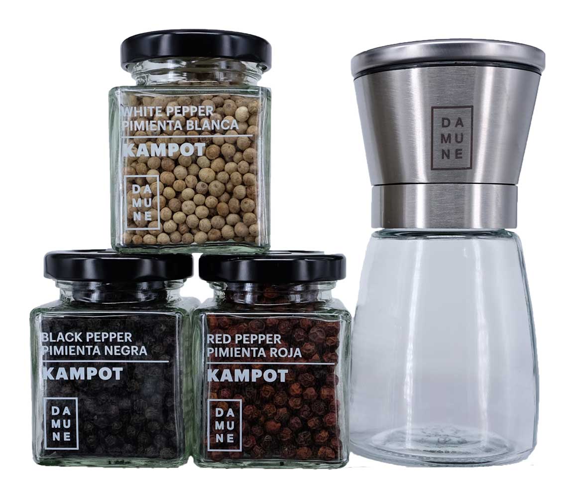 Set Poivre en Grains de Kampot 60 g avec Moulin: Noir, Rouge et Blanc 