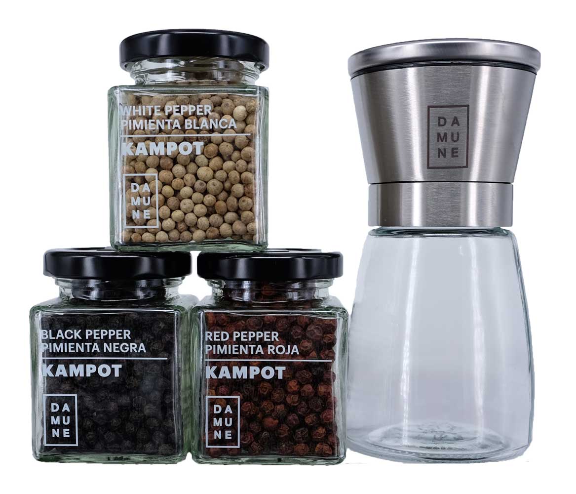 Kampot Peppercorns Set 60g with Grinder: Black, Red and White