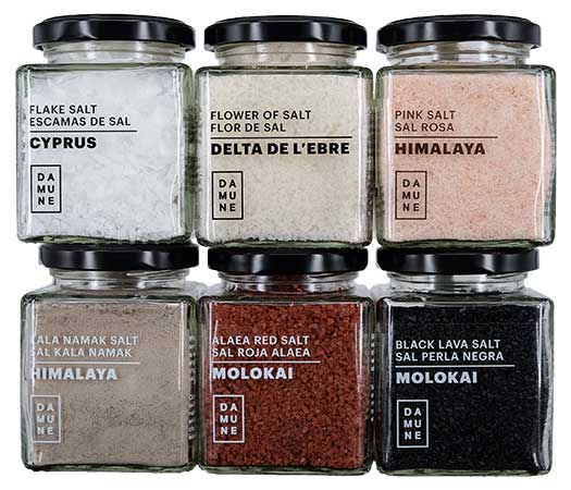 Sels Gourmet: Sel Noir Hawai-Molokai, Sel Rouge Alaea Hawai-Molokai, Flocons de Sel de Chypre, Fleur de Sel Delta de l'Ebre, Sel Kala Namak et Sel Bleu de Perse