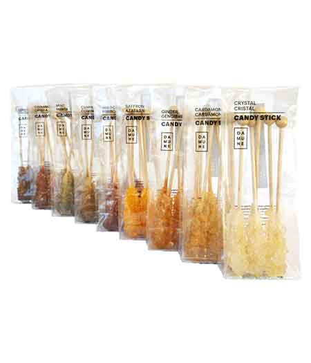 Sugar Candy Sticks: Cristal (2), Saffron, Cardamom, Cumin, Cinnamon, Mint, Ginger, Hibiscus and Lemon - 60 Sticks