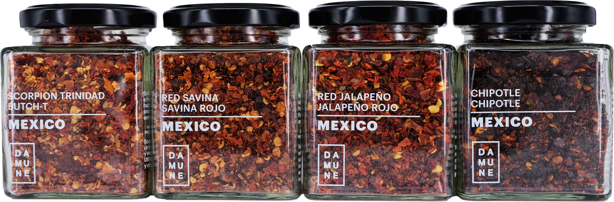 World's Chili Flakes: Jalapeño Rojo, Chipotle, Ancho, Habanero Red Savina, Habanero Scoprion Trinidad and Carolina Reaper