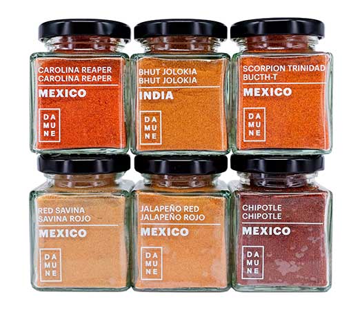 World's Chilies Powder: Chipotle, Ancho, Red Jalapeño, Red Savina, Scorpion Trinidad Butch T, Bhut Jolokia, Carolina Reaper.